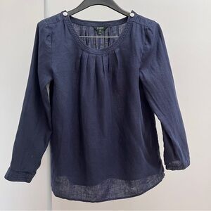 J Crew 100% linen long sleeve top M navy blue pleated buttons classic timeless